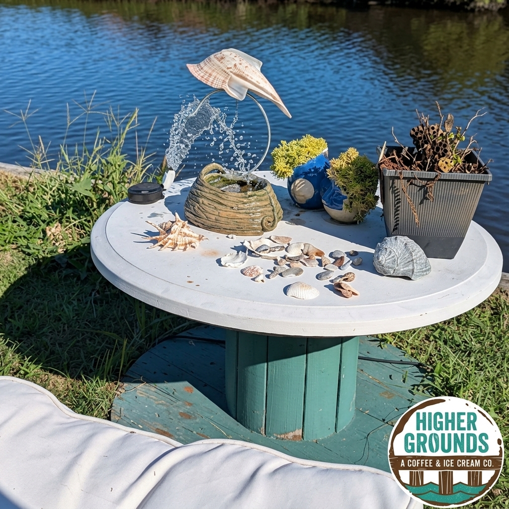 A shell-decorated fountain table beside the water at Higher Grounds
